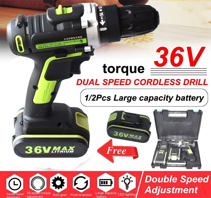 

High Quality 36V Electric Drill Electric Screwdriver Hand-held Cordless Rechargeable Li-ion Battery Power Tool
