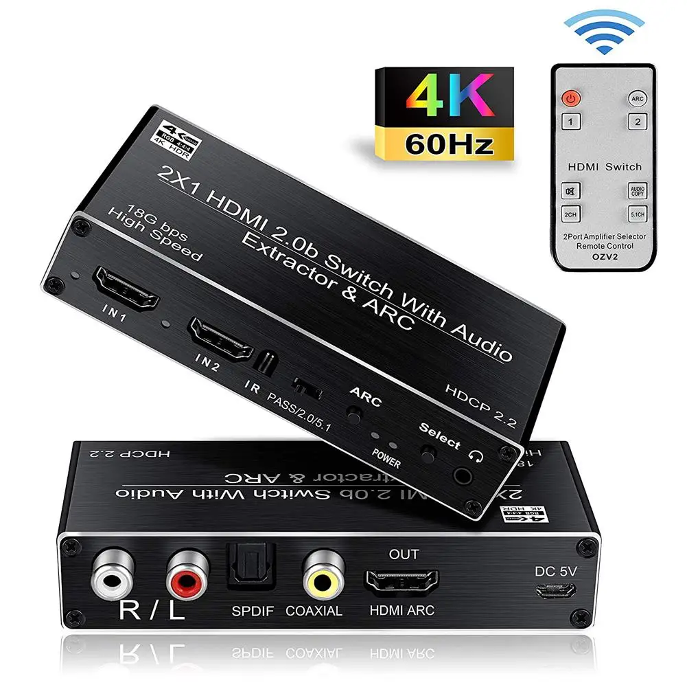 New High-quality Durable HDMI2.0 Switcher Two In One Out HDMI Switch 2x1 Audio Separation ARC HDCP2