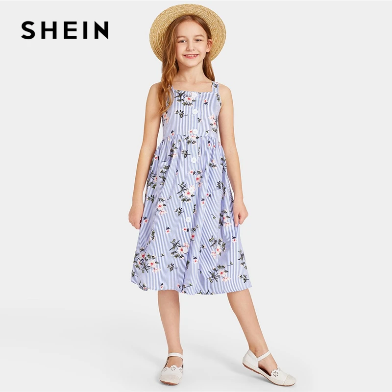 SHEIN Kiddie Blue Single Button Striped Boho Cami Dress 2019 Summer Sleeveless Floral Print Pocket Holiday Girls Midi Dresses SHEIN Kiddie Blue Single Button Striped Boho Cami Dress 2019 Summer Sleeveless Floral Print Pocket Holiday Girls Midi Dresses