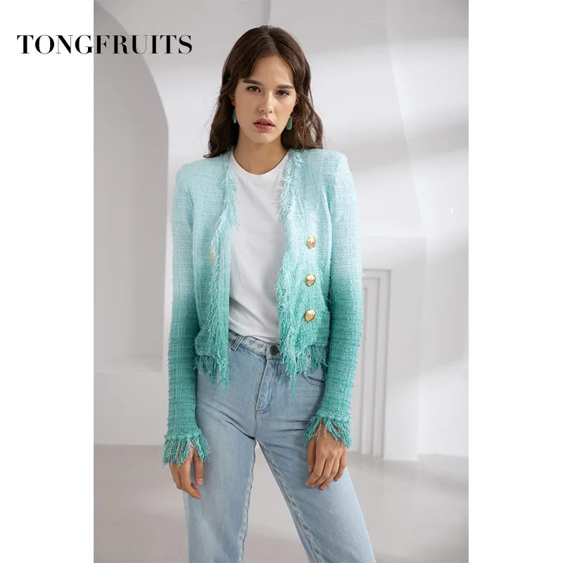 Spring Autumn Office Lady Women Gradient Blue Coats Irregular Outwears Double Breasted Cardigan Short Slim Tassel Jackets
