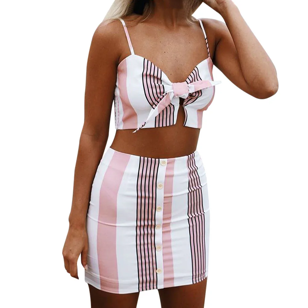 

Womens Summer Causal Beach Bow Stripe Vest Shirt Tops Blouse Skirts 2PCS Set fashion new women Set 2019 Dropship #G