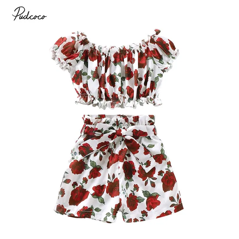 

2019 Baby Summer Clothing 2-7Y Lovely Toddler Kids Baby Girls Flowers Short Sleeve T-Shirts Tops+Shorts Trousers Clothes Sets