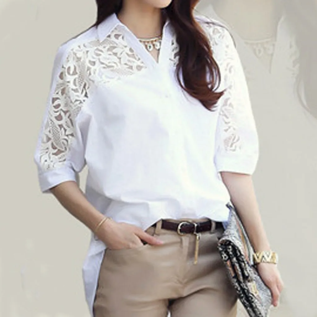 

2019 New Fashion Women Blusas Business Top Lapel Shirt Lace Half Sleeve V-Neck Loose Blouse Shirts Loose Long Sleeve Tops Shirts