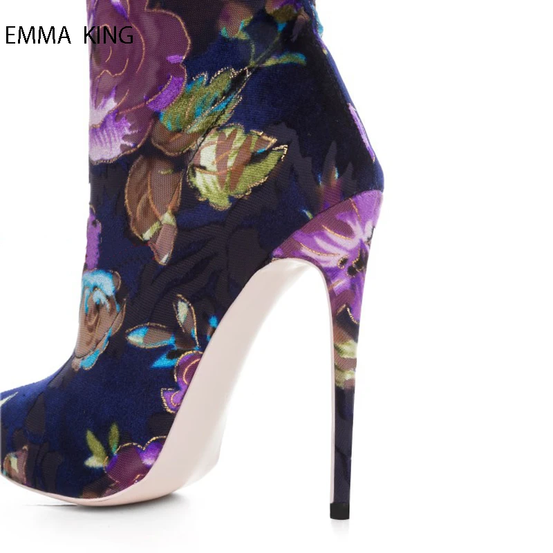 As Pointu Stretch Hauts Bout Populaire Picture Bottes Talons Couleurs Automne Mujer Mince Pour Rome Style Mélangées Botas Cheville Printemps Chaude Fleurs Femmes wSR46S