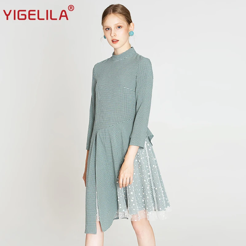 Женское платье YIGELILA облегающее кружевное в клетку с о вырезом и рукавом три
