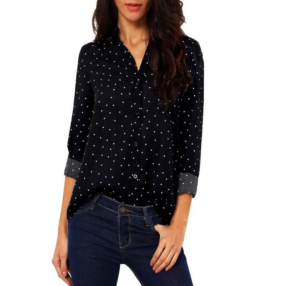 Свободная Женская рубашка в горошек с длинным рукавом, Женская Повседневная шифоновая рубашка в горошек, винтажная шифоновая Ретро рубашка с длинным рукавом C1435
