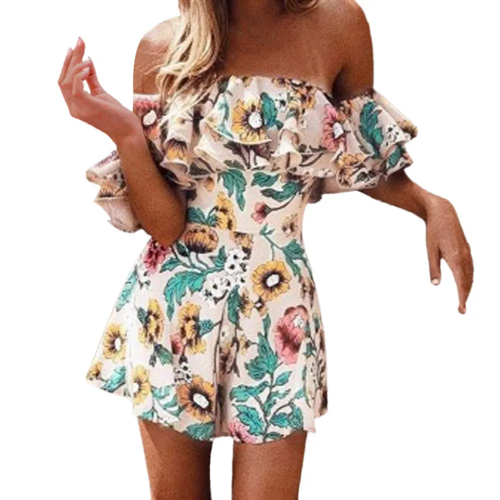 

Fashion Siamese pants flower print one word shoulder lotus leaf hem skirt summer sexy women's leisure #YL5