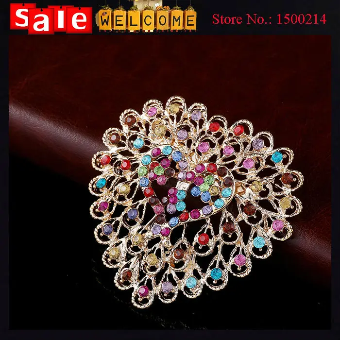 Luxury 18k Gold Plated Full Crystal Heart Colorful Big Brooch Alloy Rhinestone Scarf Clip Wedding Party Bouquet Brooches Pin