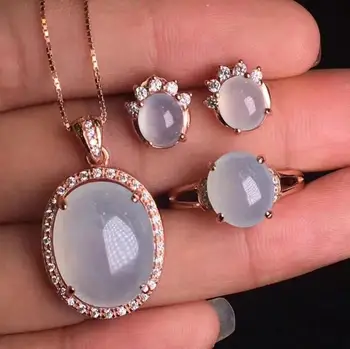 

Natural Jade Three pieces set necklace earring ring ice species Jade egg noodles s925 silver inlaid with women's money