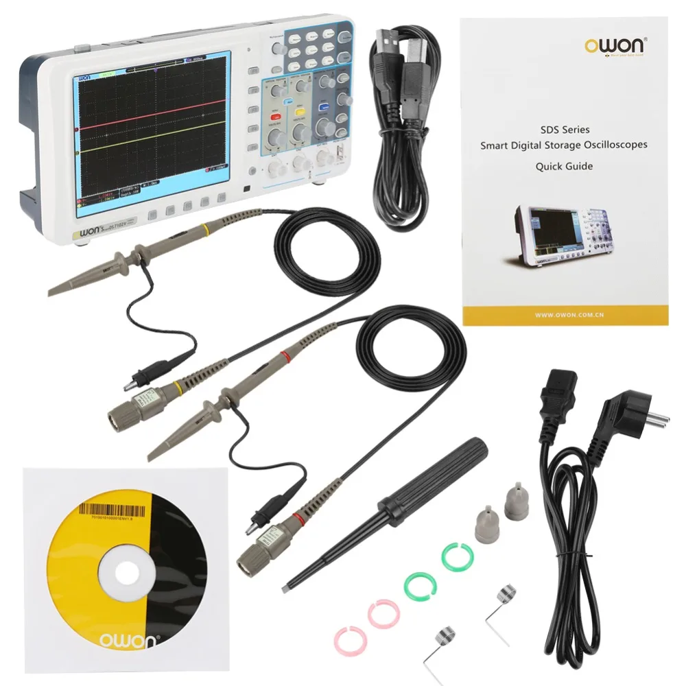 

OWON SDS7102/ SDS7102V 100Mhz Digital Oscilloscope 1G/s Large LCD 8" LAN USB VGA osciloscopio Power Cord Probe Kit