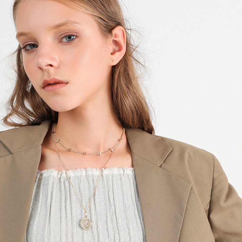 

WKOUD EAM Jewelry / 2019 New Fashion Temperament Clavicle Chain Coin Pendant Double Necklace Women's Accessories S#N51208