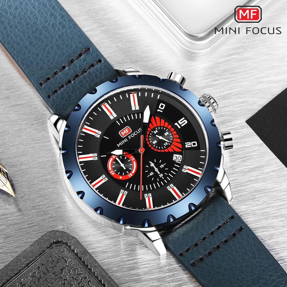 

MINIFOCUS Top Brand Luxury Military Quartz Watch Men Blue Genuine Leather Strap Chronograph Waterproof New Fashion Wrist Watches