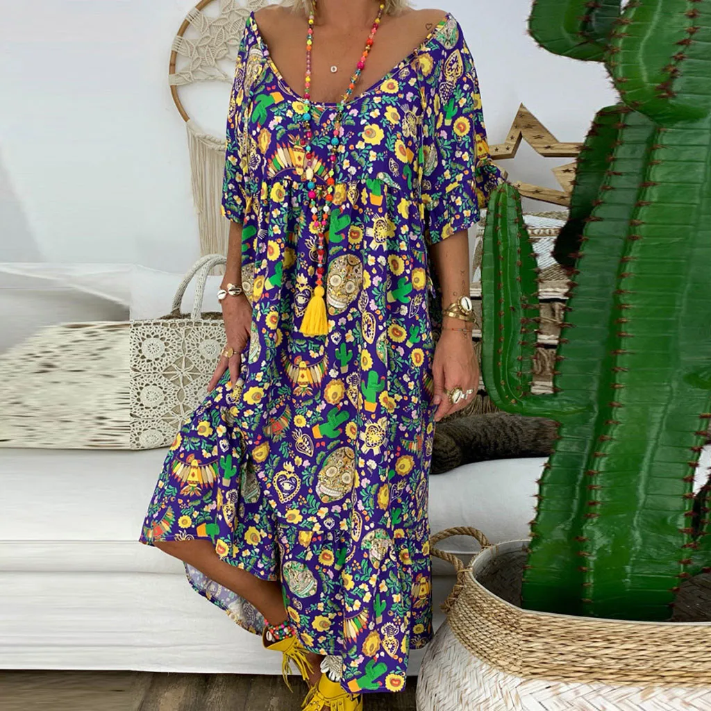 

Women's Ladies Loose Print Short Sleeve Maxi Long Dress Summer Dress dress women vestido clothes beach bohemian dress dropship