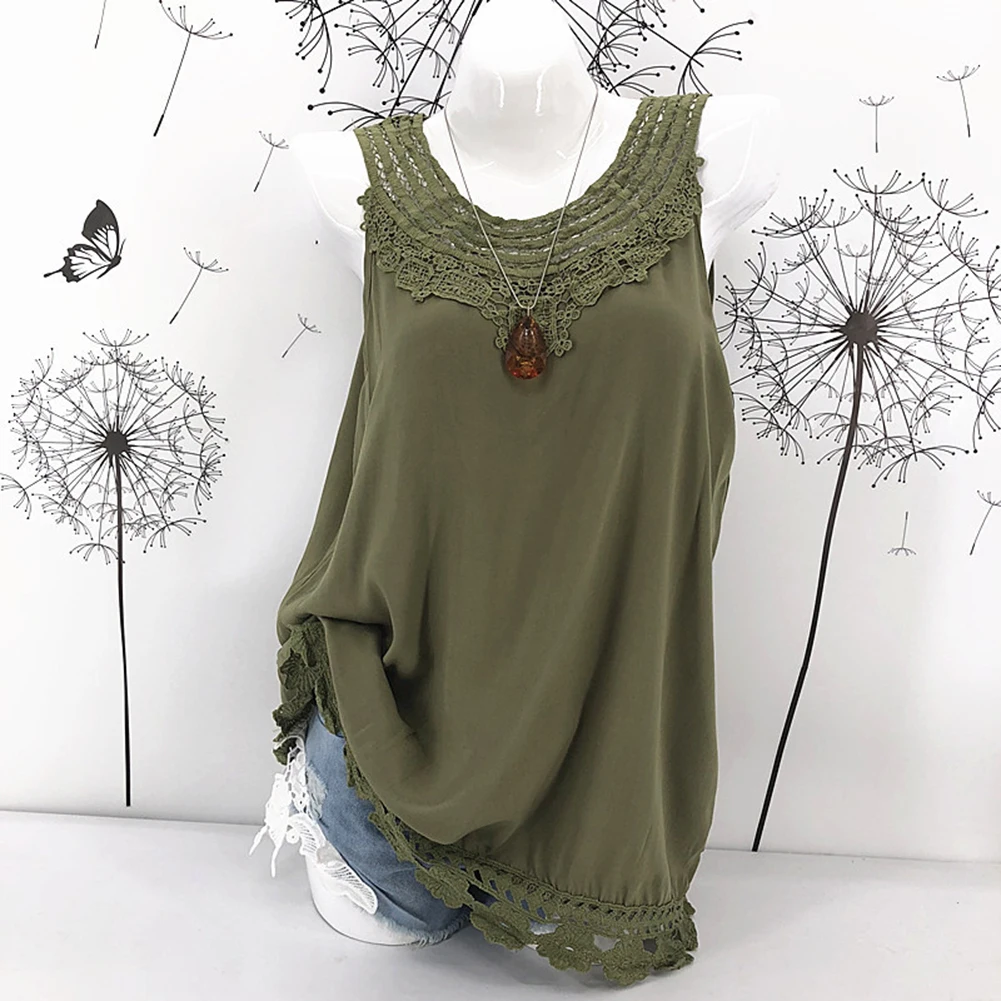 Summer Women Lace Flower Loose Sleeveless Tank Top Elegant Casual Plus Size S-5XL O-Neck T-shirt Female Solid Camisole Tops