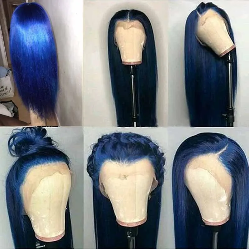 Синий парик Цветной шнурка человеческих волос парик с детскими волосами бразильский прямые 13x6 Кружева Фронтальные закрытие парик 150% волосы Remy
