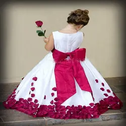 Бальное платье О-Образным Вырезом длина Пола лепесток розы Луки талии Кнопки Темно-Синий Цветок Девочки Платья Красный дети одеваются
