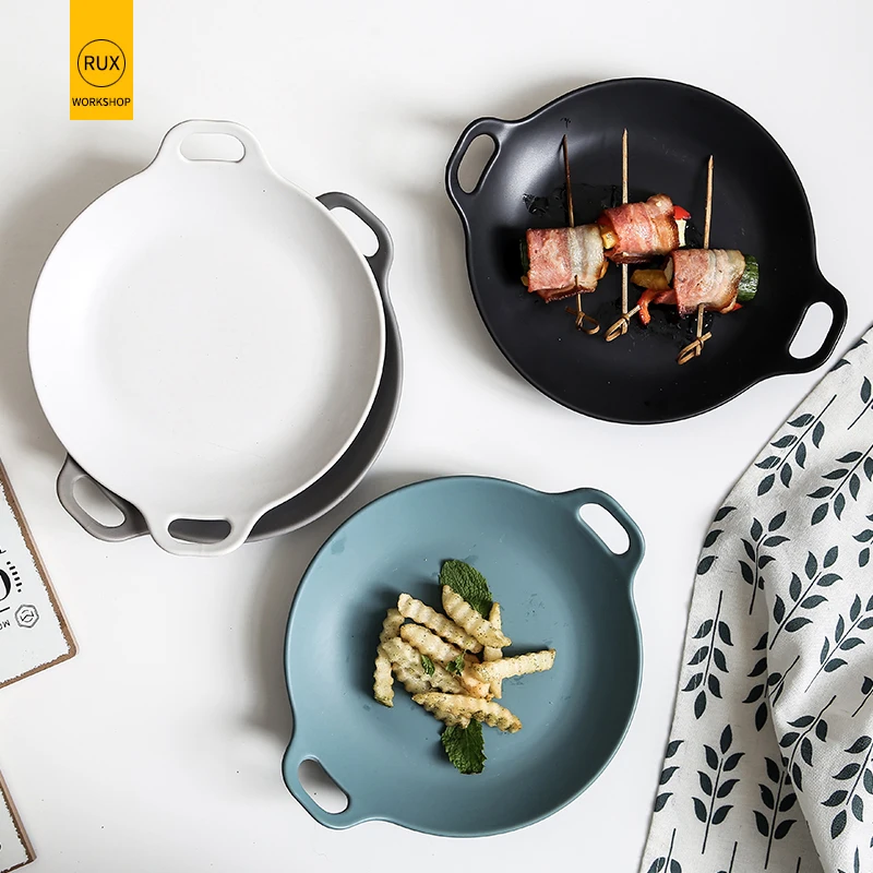

RUX WORKSHOP European Solid Color Ceramic Dish Salad Steak Western Restaurant Cutlery ear anti-scalding White Black Plate
