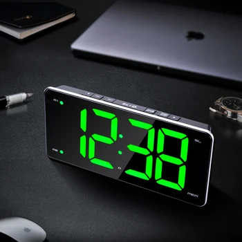 

Alarm Clock LED FM Clock Radio Double Alarm Light Dark Adjustment Digital Table Clock USB Charge