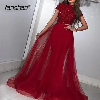 

Fanshao Red Evening Dresses Heavy Sequin Short Sleeves High Neck Fashion Dress Dubai Saudi Arabic Special Occasion Prom Gowns