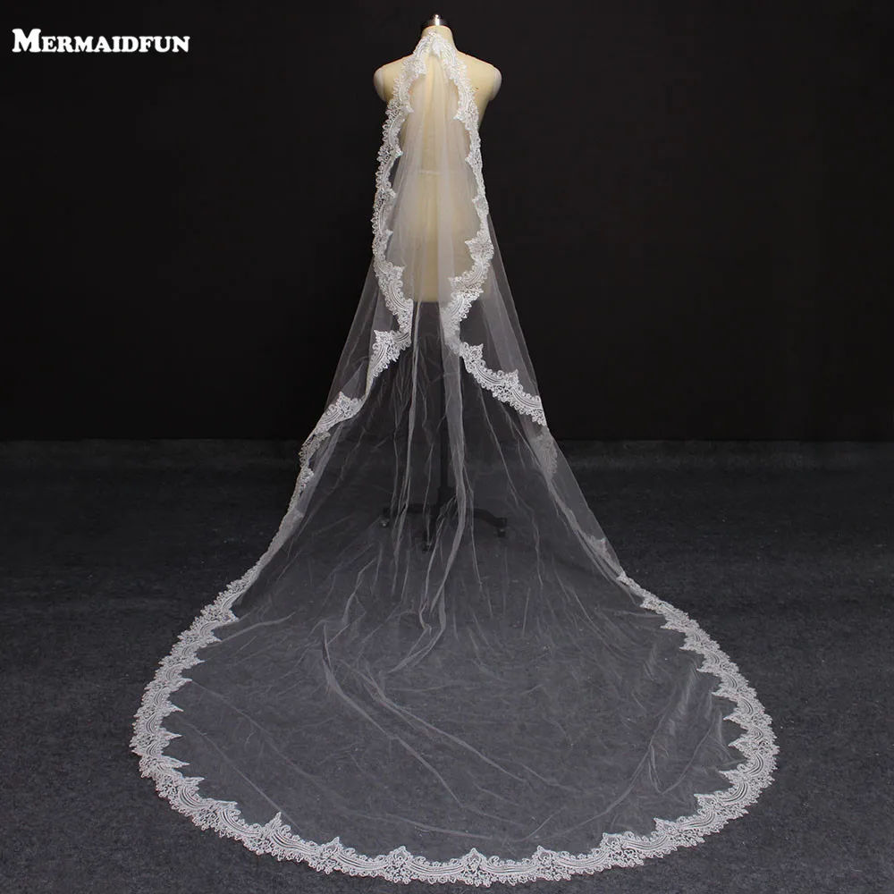 

100% Real Photos 3 Meters Cathedral Lace Edge Long Wedding Veil White Ivory Bridal Veil Wedding Accessories Veu de Noiva