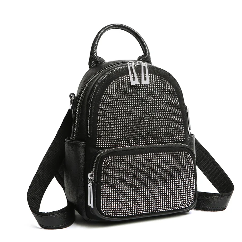 

Cow Leather Backpack Female 2019 New Fashion Diamond Rivet Backpack Girl's Bling Bling Genuine Leather Bagpack