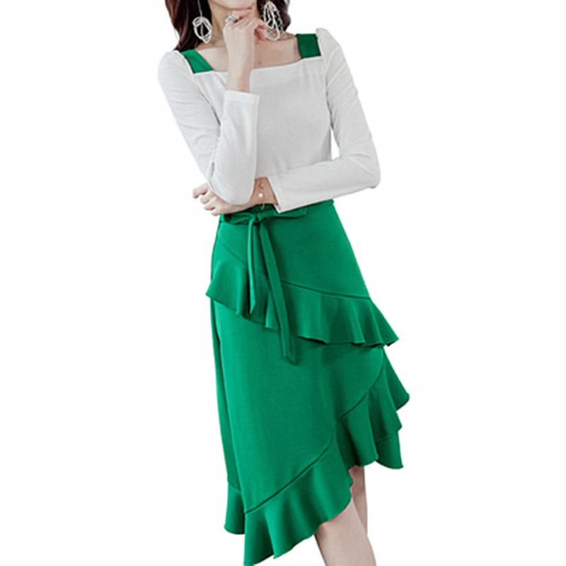 2019 Autumn New Fashion Dress Square Collar Slim OL Wind Stitching Ruffled Sleeve Head Solid Color Long Women's Clothing | Женская