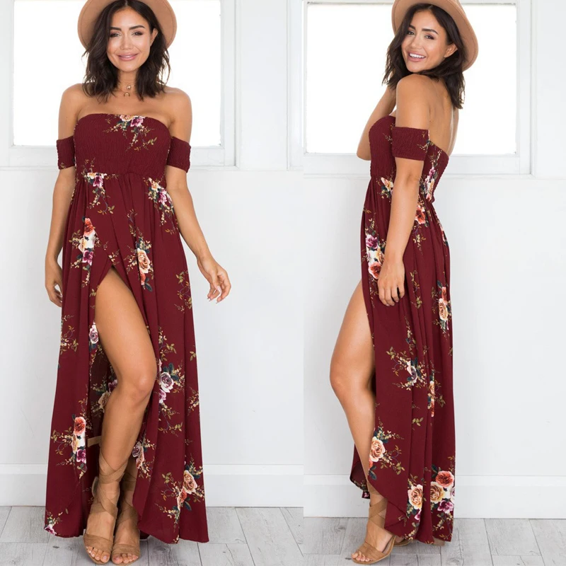 

New Boho style long dress women Off shoulder beach summer dresses Floral print Vintage Slash neck maxi dress vestidos de festa