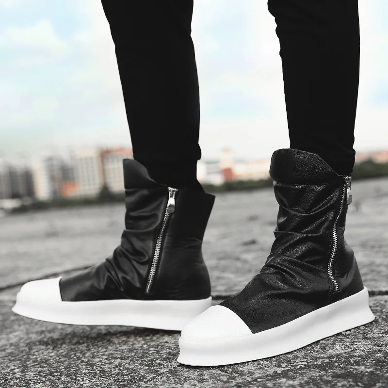Men 8cm Height Increasing Platform Boots Back Zip Leather Shoes Male Mixed Colors Y3 High Top Black White Men’s Boots yhn78