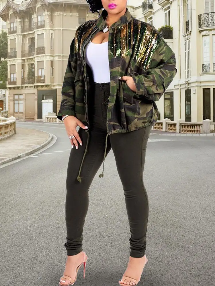 

2019 Spring Women Plus Size 2XL Streetwear Casual Tunic Zipper Up Jacket Camouflage Print Sequins Patchwork Drawstring Coat