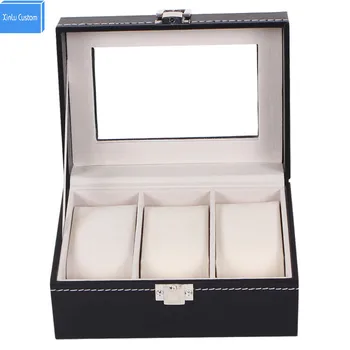 

Watch Box Small 3 Mens/Womens Black Leather Display Glass Top Jewelry Case Organizer WBG1010 Xinlu Custom Package Special