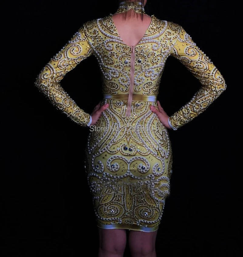 Sparkly-Gold-Rhinestones-Pearls-Skinny-Dress-Glass-Diamond-Long-Sleeve-Mini-Dress-Formal-Party-Women-Nightclub (3)