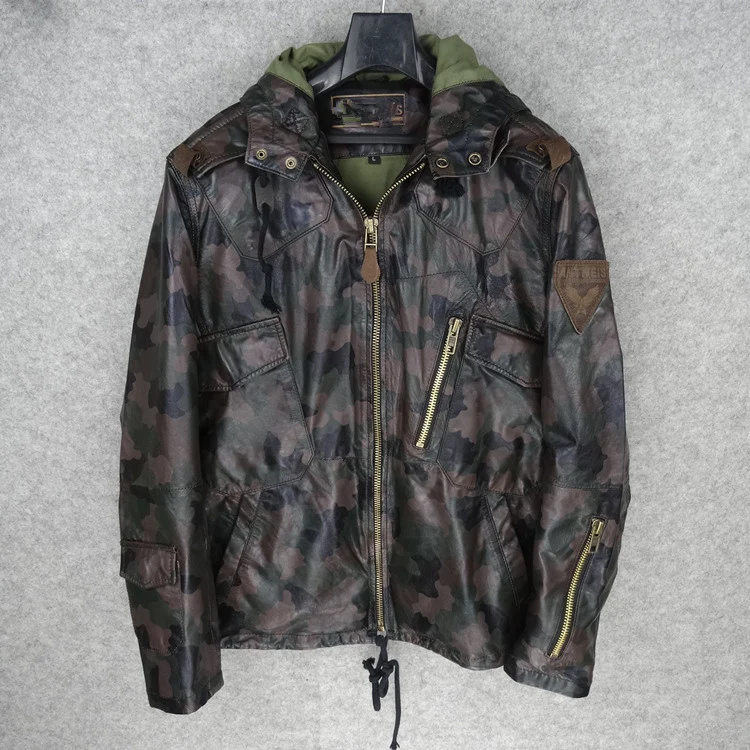 

Man's camouflage genuine sheepskin leather coat male casual jacket clothing outerwear military with a hood plus size 3xl 4xl 5xl