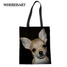 WHEREISART Kawaii собака породы чихуахуа напечатанная черная холщовая многоразовая сумка для покупок тканевые сумки сумка эко ежедневное использование складная сумочка плед
