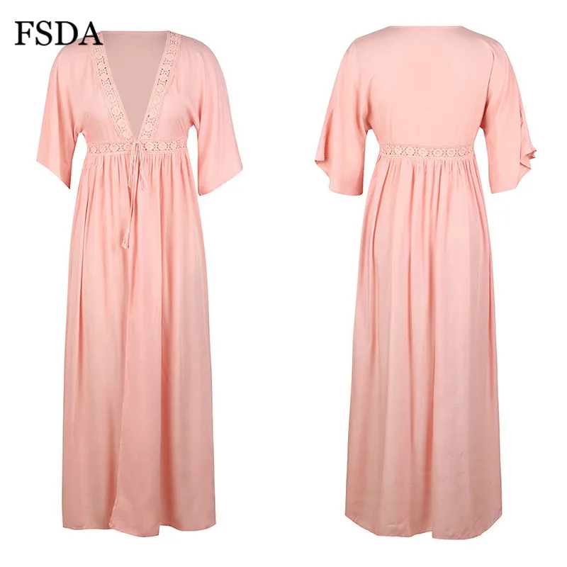 FSDA Beach Boho Maxi Cardigan Dress Lace V Neck Cotton Summer Loose Short Sleeve Casual Elegant Dress Women