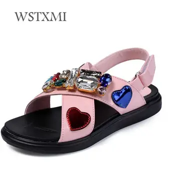 

2019 New Summer Girls Sandals for Kids Princess Beach Shoes Fashion Rhinestone Open Toe Children Student Flat Leather Sandals