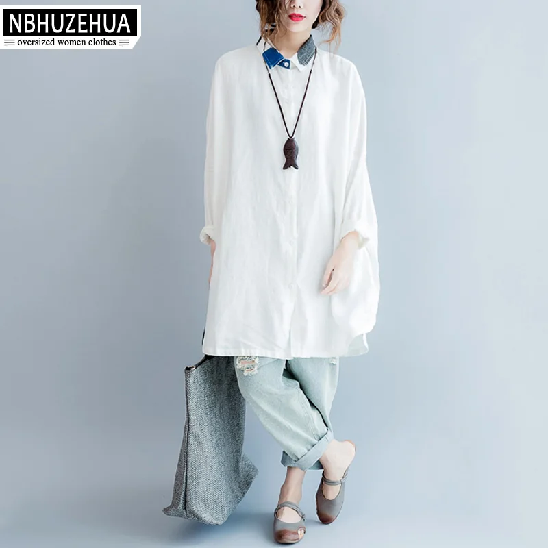 NBHUZEHUA T918 4XL 5XL 6XL женские белые рубашки льняная блузка с длинным рукавом Большие