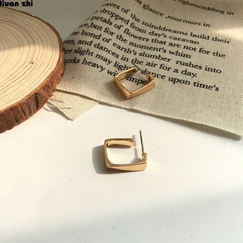 

HUANZHI Simple S925 Sterling Metal Gold Irregular Geometric Open Hollow Square Small Earrings for Women Girl Party Jewelr