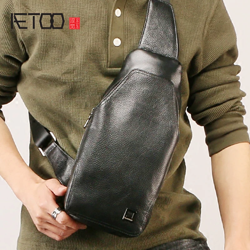 

BJYL Fashion men's leather chest bag, cowhide outdoor ride oblique shoulder bag, trendy multifunctional male chest bag