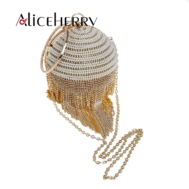 

Luxury designer top grade golden silver evening clutch bags elegant Pearl handbag round-ball bag mini circular women chain bags
