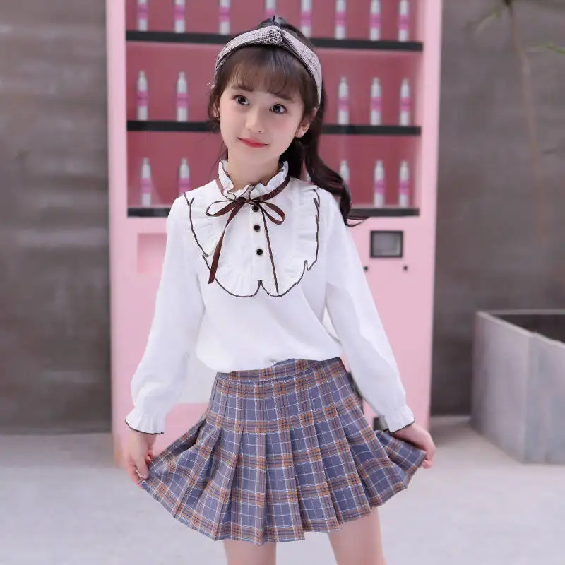 

Preppy Clothing Set Girls Bow Ruffle Collar Blouse And Plaid Mini Skirt Two Piece Tracksuit Spring Autumn School Teenager Suits