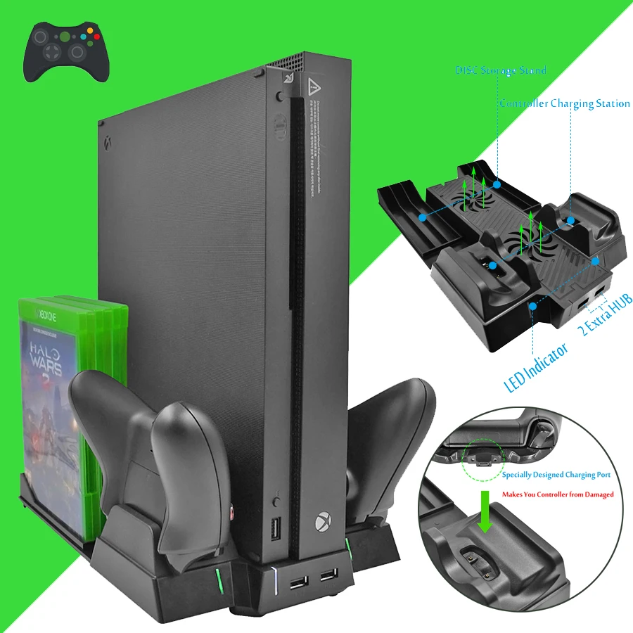 Вертикальная подставка для игровой консоли Xbox One X и двойной контроллер зарядное устройство зарядная док-станция и охлаждающий вентилятор и держатель для игр