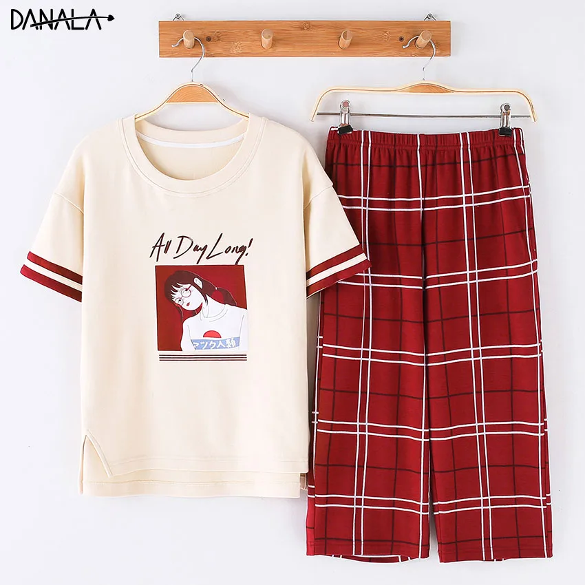 DANALA/Повседневные Хлопковые женские комплекты одежды для сна летние Милые