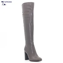 High Quality Brown Grey Boots Women Super High Heel Over the Knee Chunky Heel Metal Decoration Shoe Winter Long Boots PU