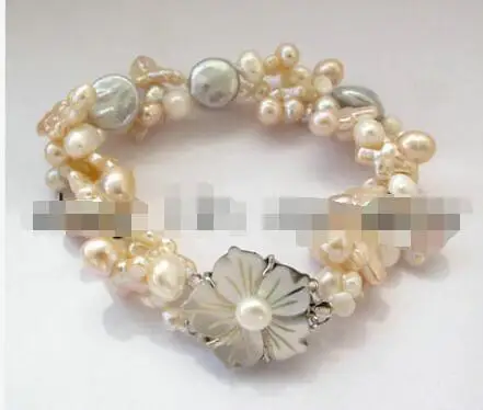 

Free Shipping >> new hot Double Pink Cross Fancy&White Nugget&Gray Coin Pearl Bracelet Shell Flower 8
