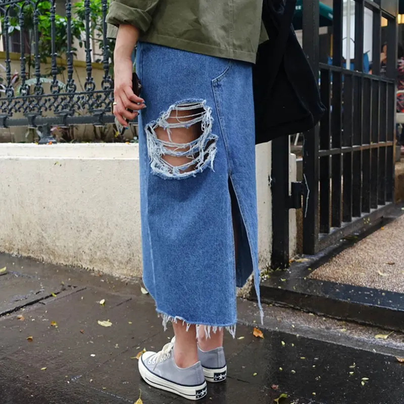 PLAMTEE Асимметричные Длинные макси юбки для женщин Летняя одежда Уличная Стиль с кисточками Jupe Jean Femme Повседневные Сплит Rokken
