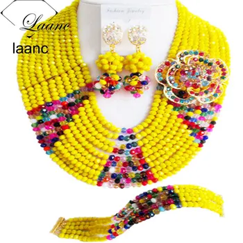 

Laanc Latest Yellow and Multicolor Crystal Nigerian Beaded Jewelry Set Women African Wedding Beads Necklace Sets AL601