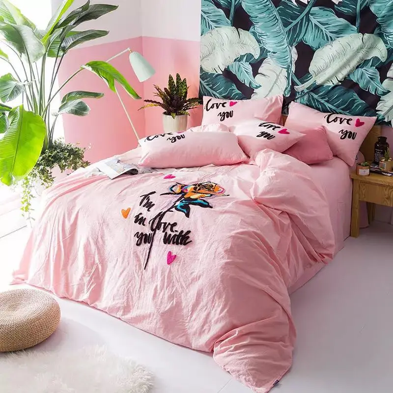 الوردي زهرة طقم سرير الملكة حجم 800Tc غسلها قطن الجدي غطاء المطرزة الفاخرة غرفة نوم ديكور المنزل غطاء سرير مجموعة فتاة