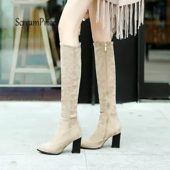 

Women's Knee High Boots Flock Leather Thick High Heel Boots Pointed Toe Fashion Sexy Ladies Shoes Wine Red Apricot Black