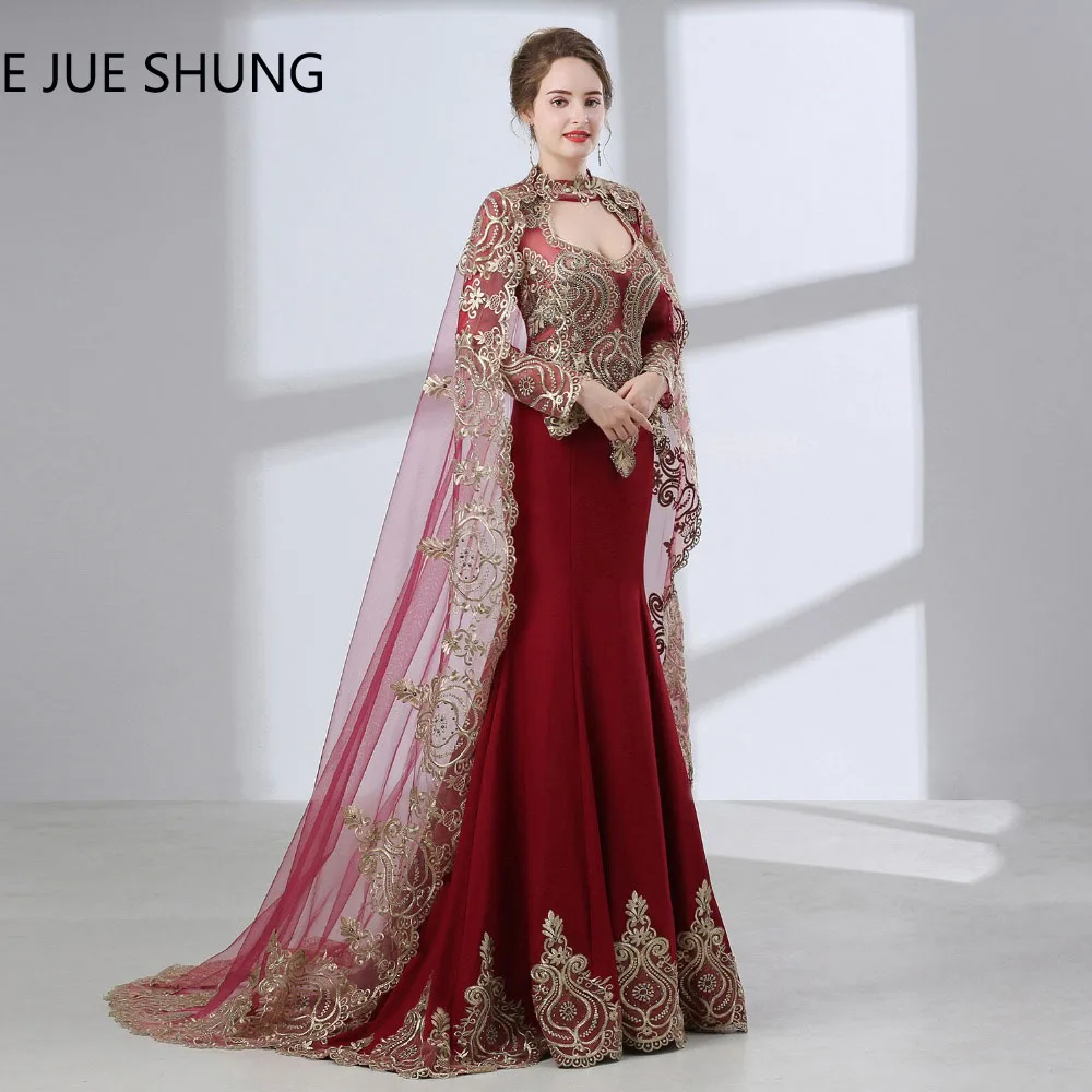 

E JUE SHUNG Burgundy Arabic Mermaid Evening Dresses With Cape 2019 Long Sleeves Luxury Evening Gowns Dubai Kaftan robe longue