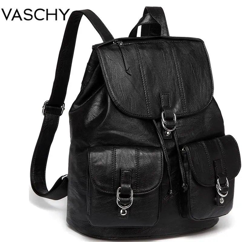 VASCHY Модный Рюкзак Кошелек для женщин шикарный шнурок школьные сумки с двумя передними карманами мягкий кожаный рюкзак для колледжа - Цвет: Black